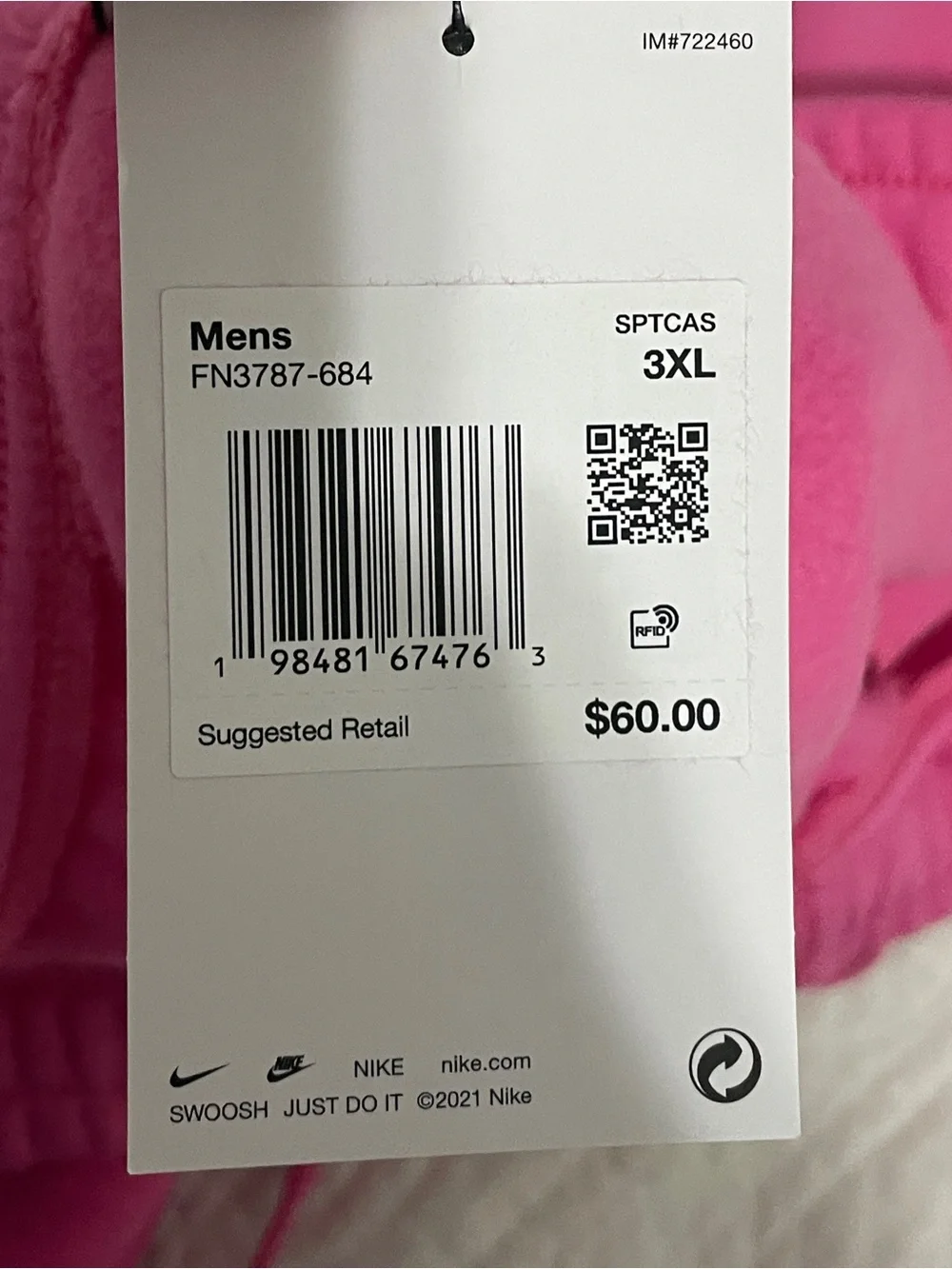 NWT Nike Mens 3XL Pink Fleece Joggers